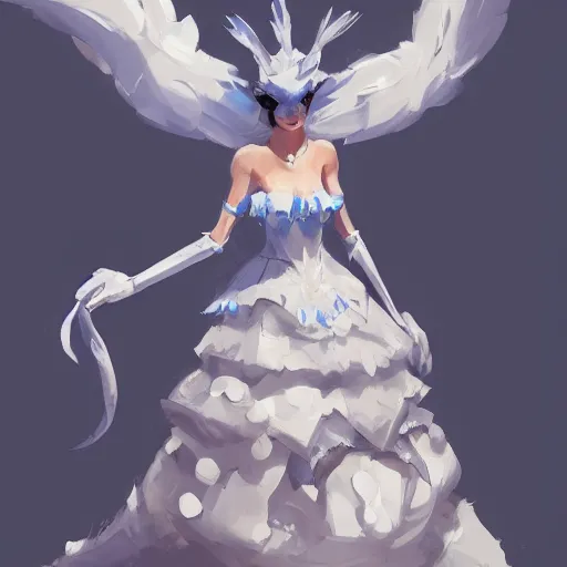 Image similar to A ball gown inspired by the Pokémon articuno, Greg rutkowski, tendencia en artstation.