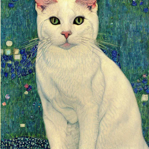 Image similar to portrait of a white cat with a black spot on head and blue eyes, intricate, elegant, highly detailed, smooth, sharp focus, illustration, art by gustav klimt