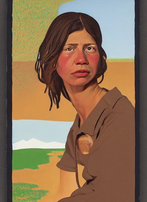 Prompt: composition by justine kurland, an extreme up - close portrait of a beautiful tan skinned light brown hair maid cleaning in a scenic representation of mother nature and the meaning of life by billy childish, thick visible brush strokes, shadowy landscape painting in the background by beal gifford, vintage postcard illustration, minimalist cover art by mitchell hooks