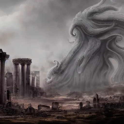 Image similar to Giant smoke monster coming out of the ground, thick swirling smoke, Nyarlathotep, Tentacles, mist, dramatic lighting, Byzantine ruins, surrounded by priests, worshipers, desert, cinematic, trending on artstation