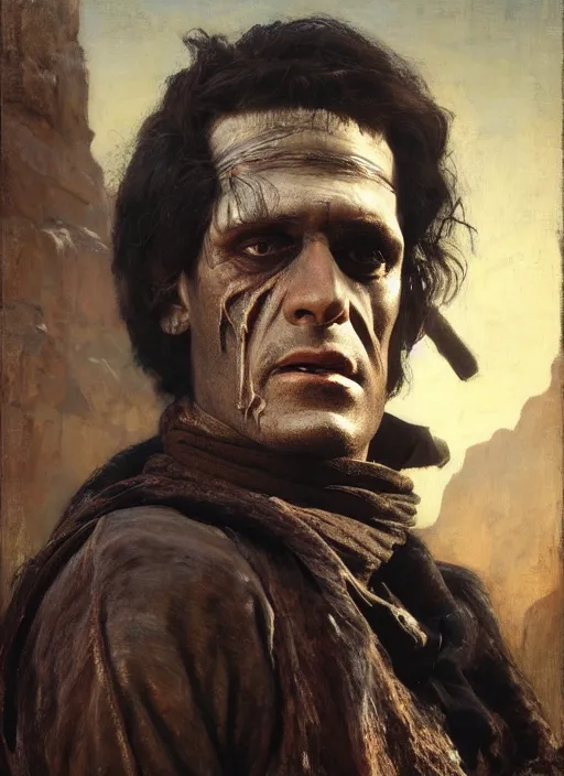 Prompt: frankenstein. Old west bounty hunter (rdr2). Iranian orientalist portrait by john william waterhouse and Edwin Longsden Long and Theodore Ralli and Nasreddine Dinet, oil on canvas. Cinematic, hyper realism, realistic proportions, dramatic lighting, high detail 4k