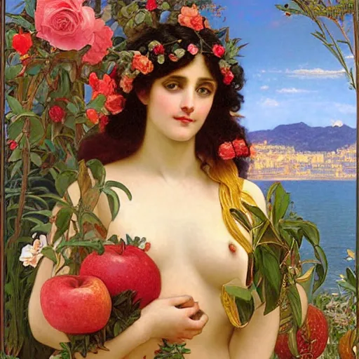 Prompt: beautiful oil painting of the goddess Aphrodite hugging a swan, ornate golden design background, colourful apples, roses, and plants, golden ratio, by John William Godward and Anna Dittman and Alphonse Mucha, H 640