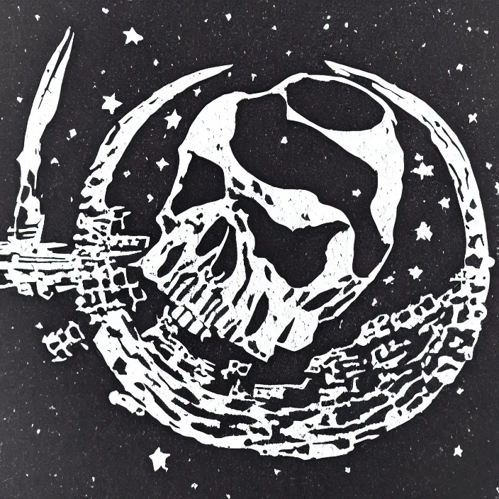 Prompt: asteroid belt with big asteroid carved punisher skull emblem