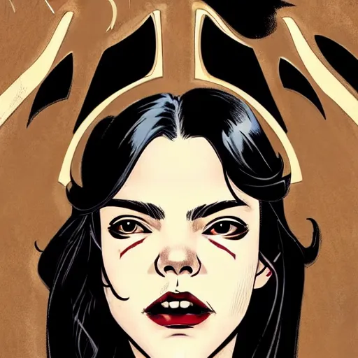 Prompt: rafael albuquerque comic art, art nouveau, pretty female anya taylor - joy vampire sharp vampire teeth open mouth, symmetrical eyes and face, brown leather jacket, jeans, long black hair, full body