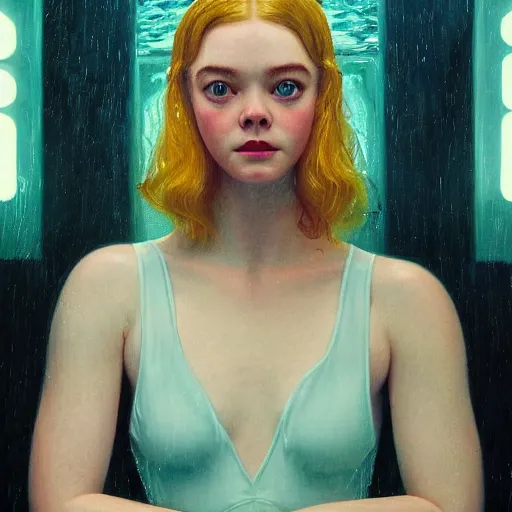 Image similar to Elle Fanning at the pool in the style of Paola Vetri, head and shoulders portrait, stormy weather, extremely detailed masterpiece, oil on canvas, low-key neon lighting, artstation, Blade Runner 2049, Roger Deakin’s cinematography, by J. C. Leyendecker and Peter Paul Rubens and Edward Hopper and Michael Sowa,