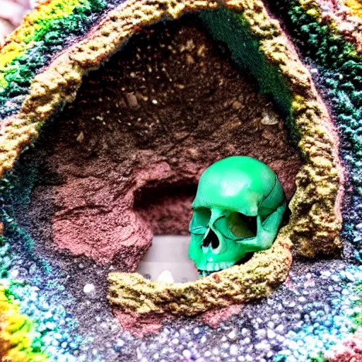 Image similar to tiny dinosaur skeleton inside a geode of multi-colored crystals