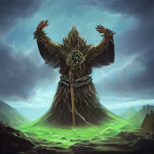 Prompt: “druid summoning a mountain, fantasy, dnd, epic, highly detailed”