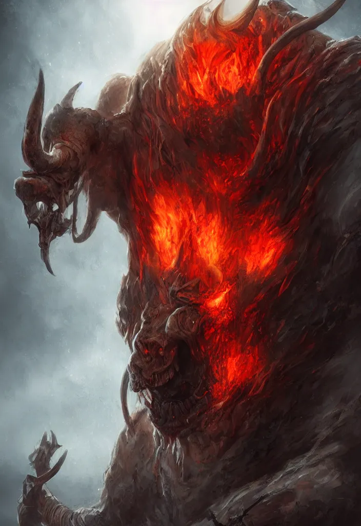 Prompt: a portrait of a gigantic minotaur as a demon in a fiery hell, eerie, dark, magical, fantasy, trending on artstation, digital art.