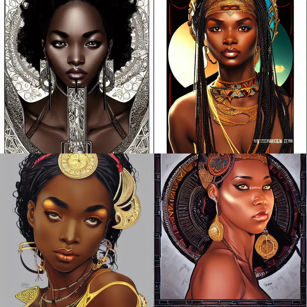 Prompt: black african princess, symmetric, intricate, highly detailed, concept art, sharp focus, illustration, rutkowski, alphonse mucha, artgerm