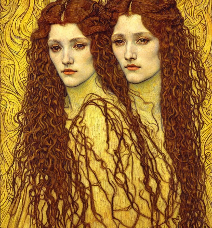 Image similar to detailed realistic beautiful young medieval queen face portrait by jean delville, gustav klimt and vincent van gogh, art nouveau, symbolist, visionary, gothic, pre - raphaelite, muted earthy colors, desaturated