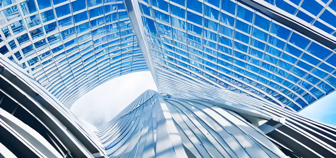 Prompt: curved roof planes lift and descend creating shade and architectural expression, on top of a skyscraper highly detailed, vivid color, high resolution photography, mist