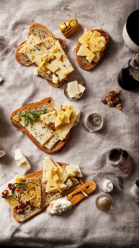 Image similar to 7 0 s food photography of an opulent spread of cheese on toast, on a velvet table cloth, dramatic diffused lighting