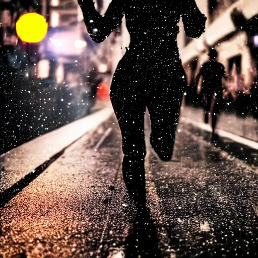 Prompt: editorial photo of a woman wearing scifi helmet running motion blur, cyberpunk night, city, raining