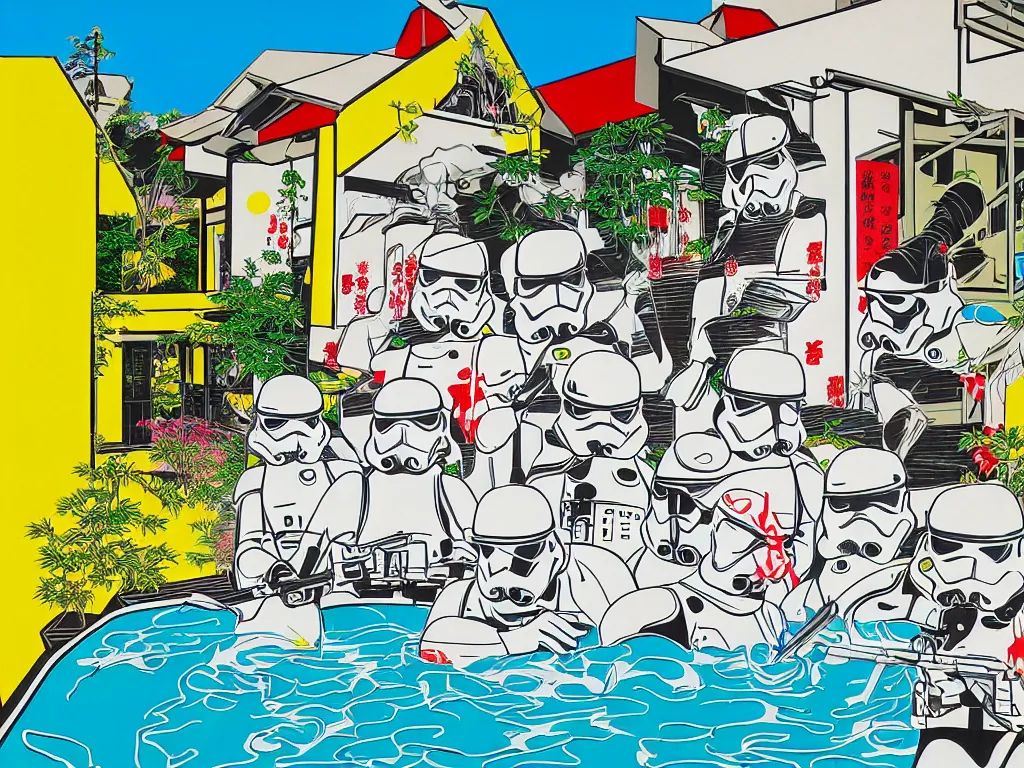 Prompt: hyperrealism composition of the japanese house with a hot springs in the garden, detailed stormtrooper in hot springs, pop - art style, jacky tsai style, andy warhol style, roy lichtenstein style, acrylic on canvas