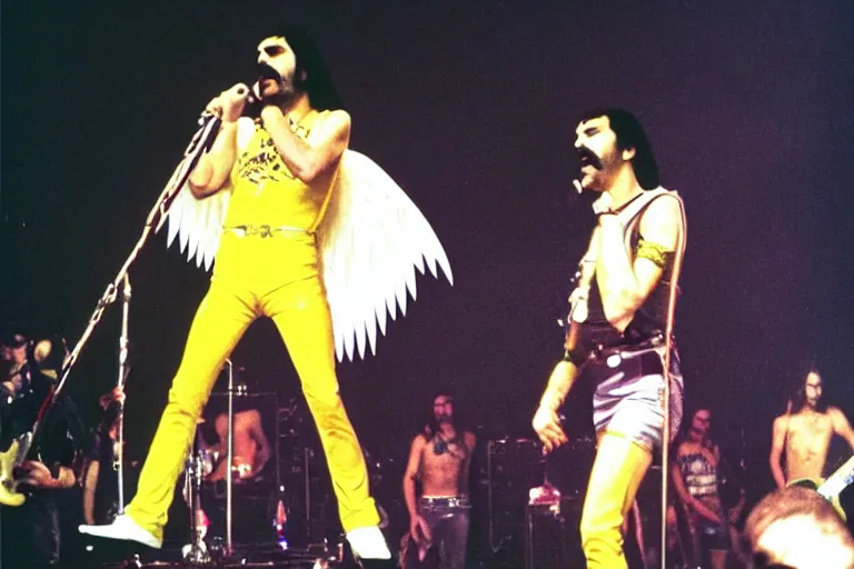 Image similar to freddie mercury singing at a death metal punk concert. mosh pit, elaborate clothing, violent rock concert yellow and white clothing, huge angel wings - s 1 5 0