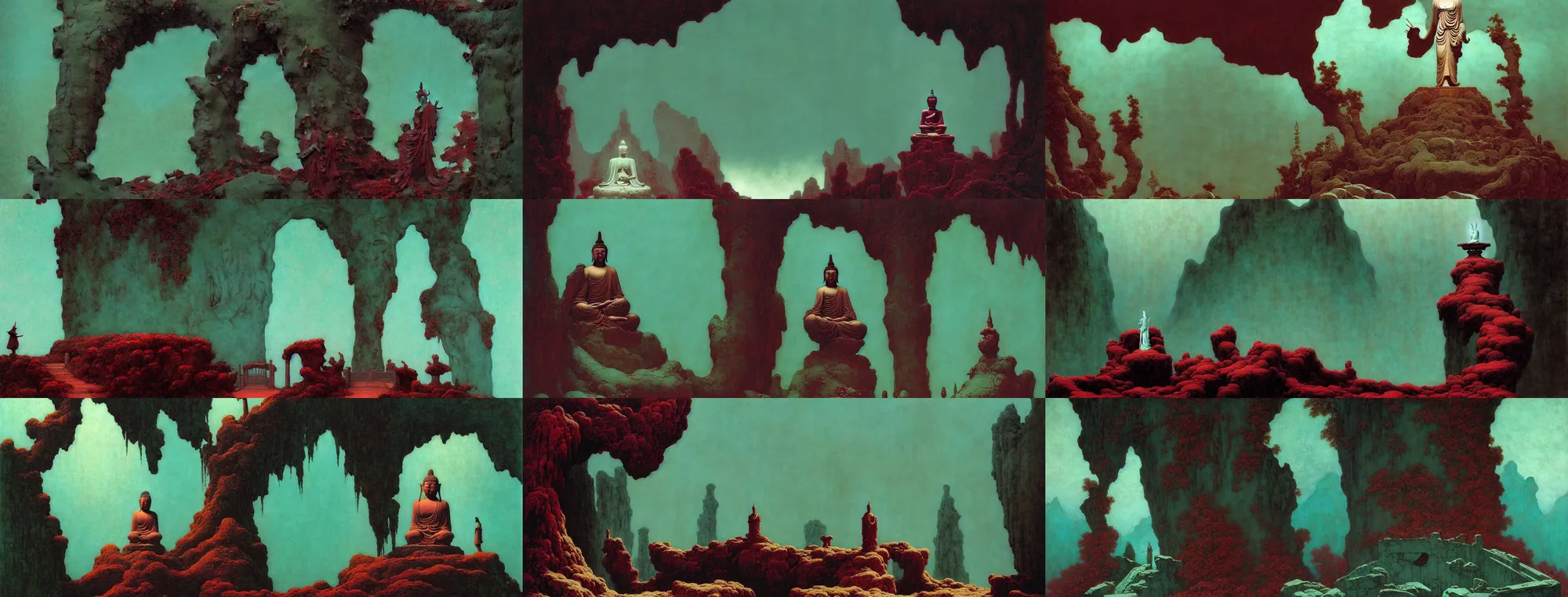 Image similar to a gorgeous bleak autumn painting by barlowe wayne, maxfield parrish, gustave dore and marco mazzoni. close - up shot on a lonely huge chinese buddha statue, broken, stone gate to the dark cave. tiffany blue, maroon, blackish green. the winding stone steps. ultra clear detailed. 3 d, octane render. turbulent blood lake.