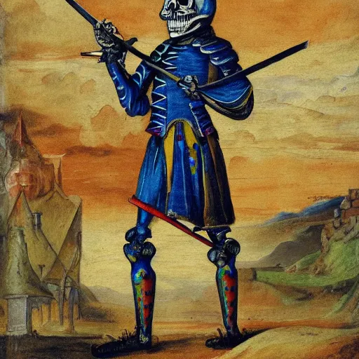 Image similar to skeleton in a colourful landsknechts uniform, wielding a sword, rennaissance painting