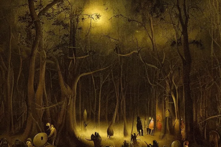 Image similar to dark and spooky painting of a forest dimly lit at night with scary hieronymus bosch creatures hiding in the woods. muted colour palette, detailed oil painting by asher brown durand