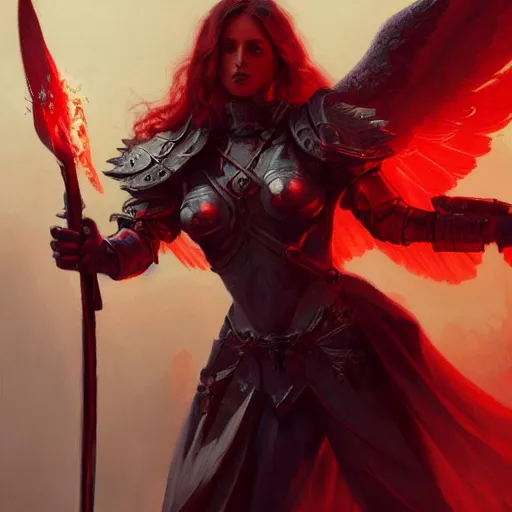 Prompt: female paladin angel in glowing red, spear made of fire, D&D, fantasy, intricate, elegant, highly detailed, digital painting, artstation, concept art, matte, sharp focus, illustration, art by Greg Rutkowski and Alphonse Mucha