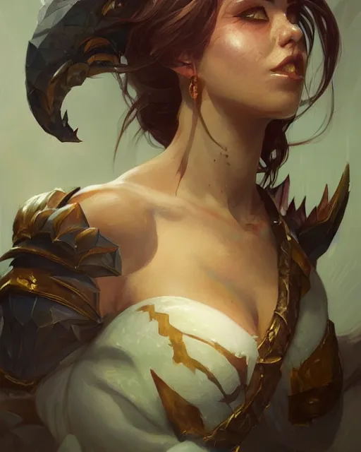 Image similar to '' Portrait of Weredragon character, league of legends, LOL, fantasy, d&d, digital painting, artstation, concept art, sharp focus, illustration, art by greg rutkowski and alphonse mucha ''