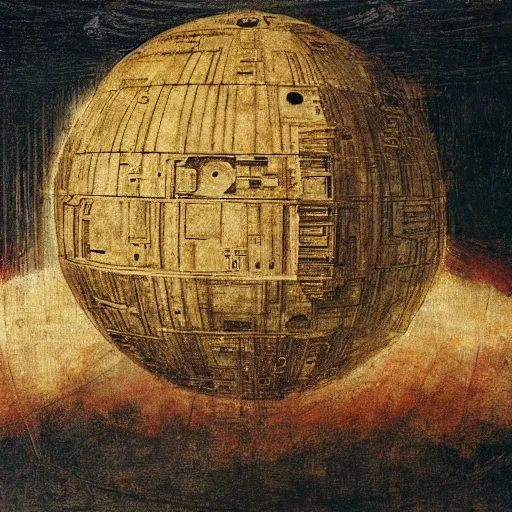 Image similar to the destruction of the death star, painted by leonardo de vinci