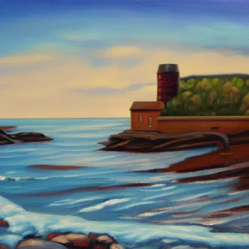 Prompt: old Scotland distillery in the seashore, oil painting style,