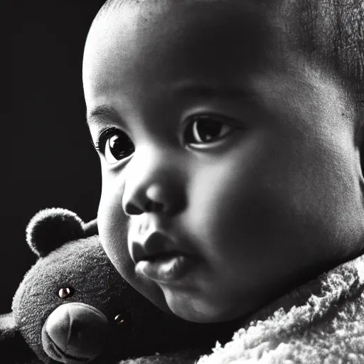 Prompt: Portrait studio photograph of baby Kanye West with a anthropomorphic teddy bear, close up, shallow depth of field, in the style of Felice Beato, Noir film still, 40mm
