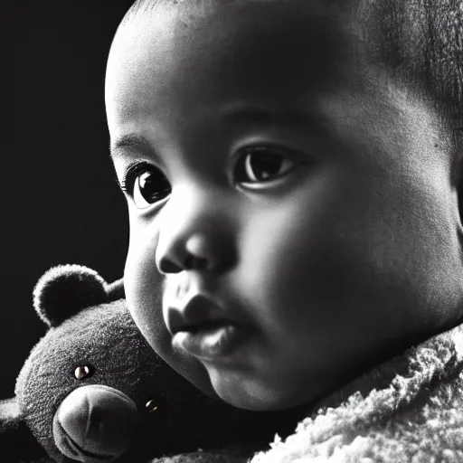 Image similar to Portrait studio photograph of baby Kanye West with a anthropomorphic teddy bear, close up, shallow depth of field, in the style of Felice Beato, Noir film still, 40mm