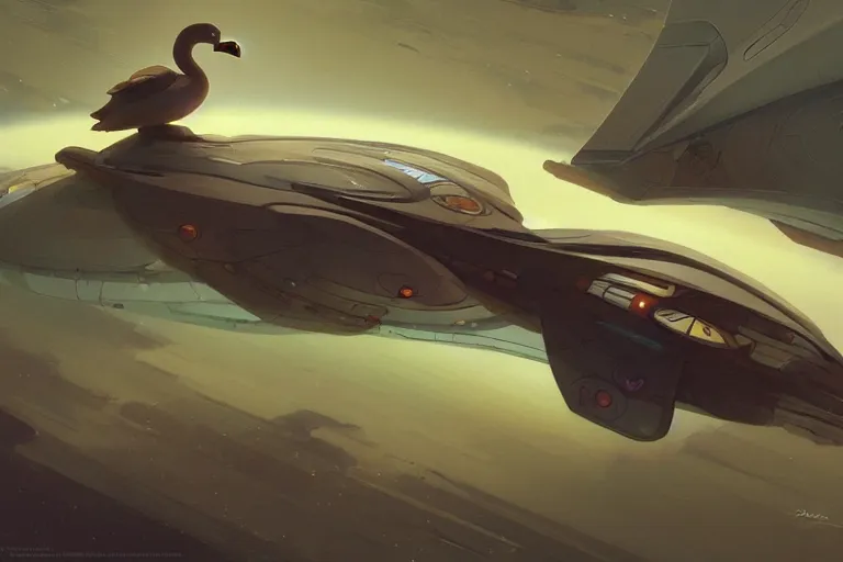 Image similar to a spaceship that looks like a duck, elegant, highly detailed, digital painting, artstation, concept art, smooth, sharp focus, illustration, art by Krenz Cushart and Artem Demura and alphonse mucha