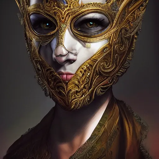 Image similar to Very very very very highly detailed epic photo of face with venetian mask, intricate, dystopian, sci-fi, extremely detailed, digital painting, artstation, concept art, smooth, sharp focus, illustration, intimidating lighting, incredible art by Artgerm and Anton Pieck