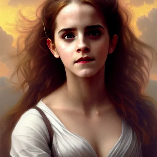 Image similar to Emma Watson as Hermione Granger. Happy. Cheerful. Smiling. Western. Closeup. Fantasy. Intricate Elegant. Highly detailed. Digital painting. Artstation. Concept art. Matte. Sharp focus. Illustration. 4K. Art by William-Adolphe Bouguereau.