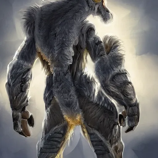 Image similar to a humanoid with cat-like features, yellow eyes, teeth that protrude past the lower lip (sort of like a saber-tooth tiger) and fine grayish fur on their faces and backs of their hands wearing futuristic alien armor and carrying weapons, octane,