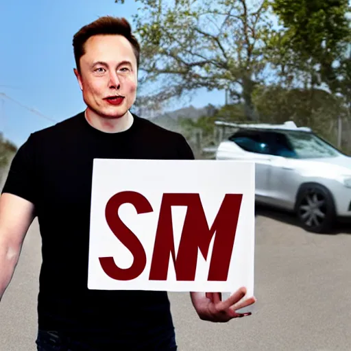 Image similar to a medium shot photograph of elon musk holding a sign with the word som on it, 4k, ultra HD