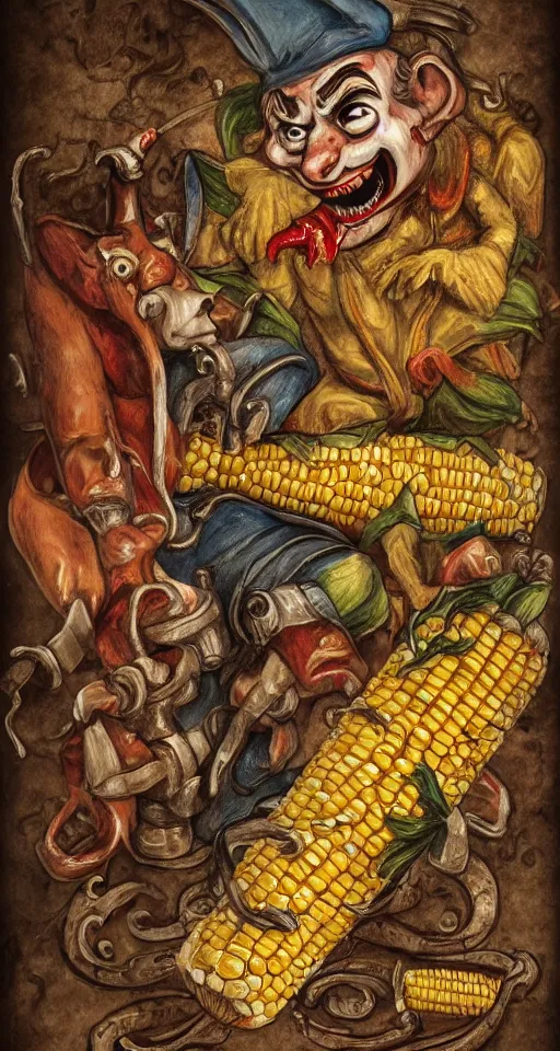 Image similar to jester with a sad face riding a flaming tiger into a meat grinder, and a corn on the cob with teeth is coming out on the other end, highly detailed, realistic, 4 k, bloody
