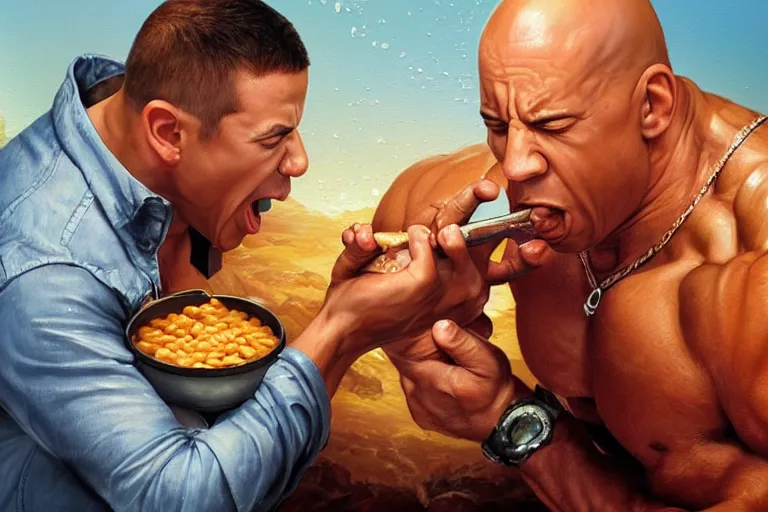 Image similar to vin diesel pouring baked beans into the mouth of dwayne the rock, an oil painting by ross tran and thomas kincade