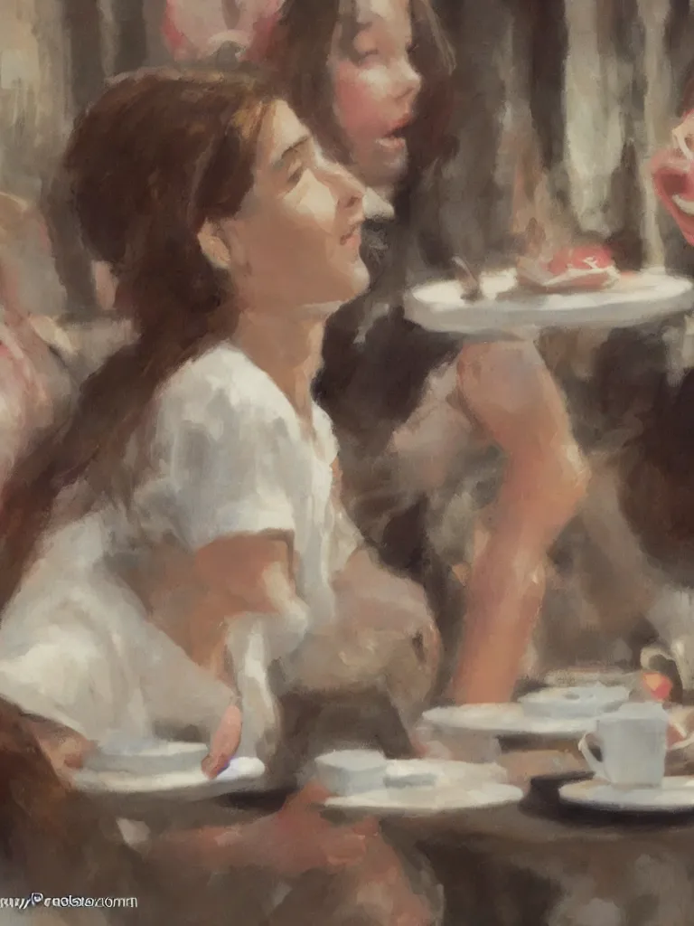 Image similar to woman eating in cafe in paris, close up, by disney concept artists, blunt borders, rule of thirds