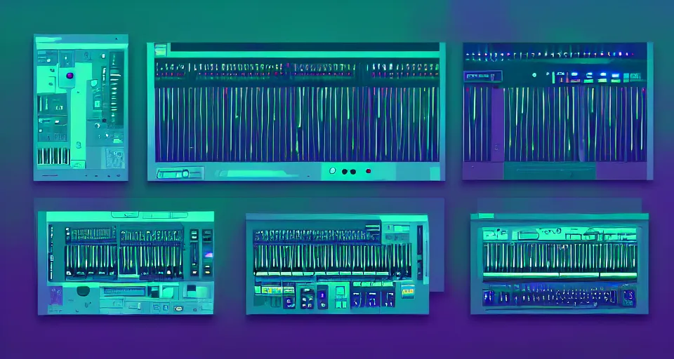 Prompt: a design layout of amazing futuristic synthesizers, cinematic lighting, detailed, beautiful colors, by greg rutowski and studio ghibli