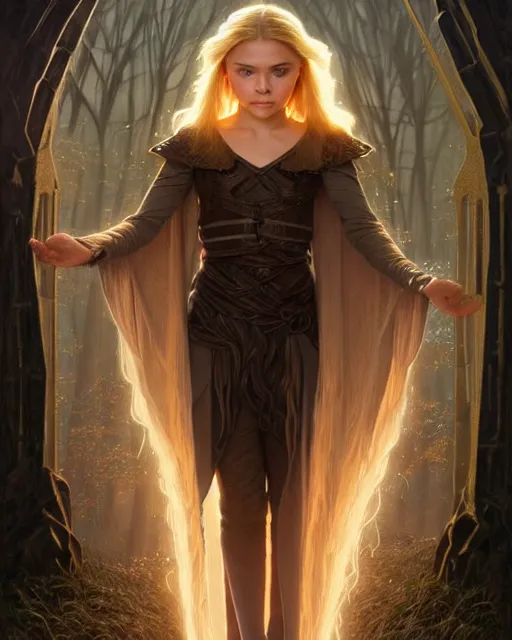 Prompt: young mage chloe grace moretz opening a summoning portal with an iron golem, blonde braided hair, dark forest, heavy cloak and chemise, intricate, elegant, highly detailed, digital painting, artstaion, concept art, smooth, sharp, focus, illustration, art by artgerm and greg rutkowski and alphonse mucha