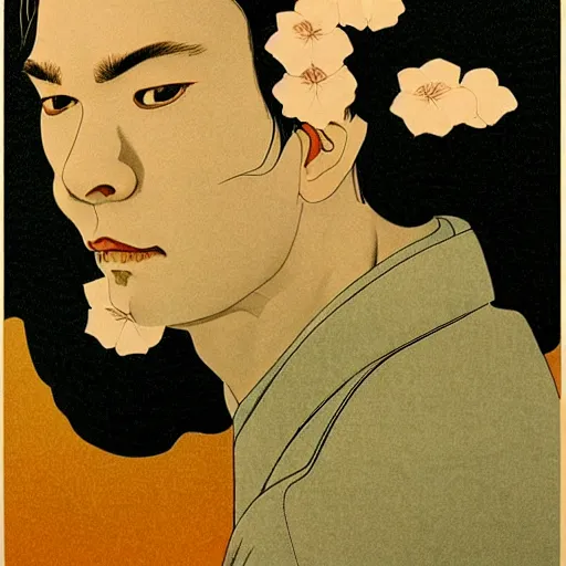 Image similar to michael c hall portrait by ikenaga yasunari and ayana otake and ko rakusui, 6 0 s poster, drawing, realistic, sharp focus, japanese, dreamy, nostalgia, faded, golden hues, floral clothes