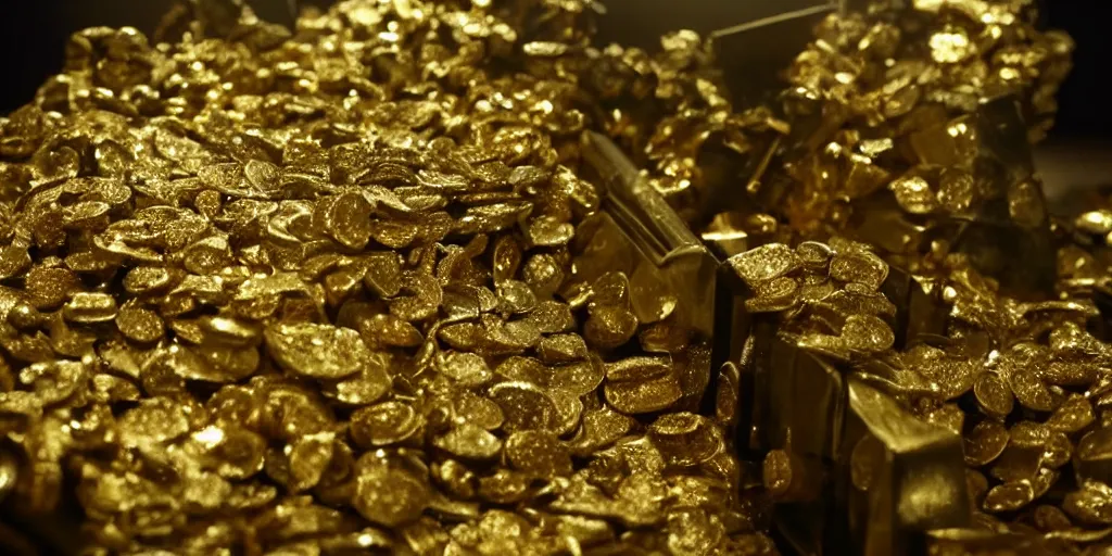 Prompt: a film still of gold on top of cash money piling up in a vault, shallow depth of field, cinematic, award winning cgi, vfx, film still