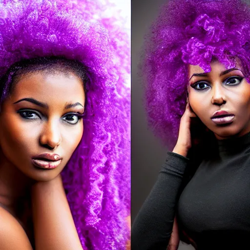 Image similar to a realistic model photoshoot of a black girl with purple afro hair, beautiful, model, professional picture, realistic, 4 k, bright light, portrait