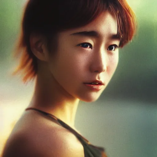 Prompt: upper body portrait of woman, still from 1 9 8 0 s anime, water in the air, finely detailed facial features, focus on face, weathered picture, analog camera, old camera, vintage, bokeh, sunlight, lens flare, film grain, tsuyoshi nagano, greg rutkowski, artgerm, alphonse mucha, spike painting