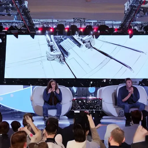 Prompt: Elon Musk presenting a giant mecha robot to an audience, Tesla Presentation, Professional photography, 8K