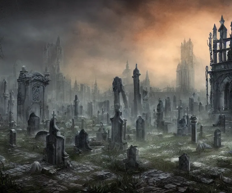 Image similar to a city of tombs and tombstones, graveyard landscape, ghostly spirits, giant grave structures, giant tomb structures, bloodborne, dark fantasy, digital art, fantasy art