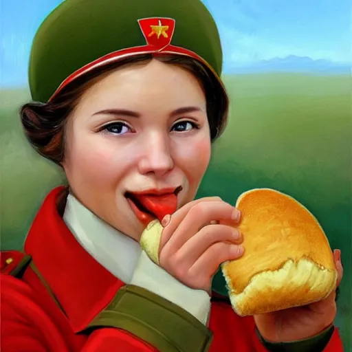 Image similar to high detail portrait oil painting illustration of beuatiful girl as soviet red army soldier eating hot baked bun, in khaki ww 2 tunic, no hat, by justin sweet with face and body clearly visible, in a scenic background, pupils visible, realistic proportions, artstation trending, high quality, sombre mood, artstation trending, muted colours, entire person visible!