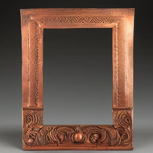 Prompt: a copper picture frame designed by Louis sullivan, patina, weathered, ornate