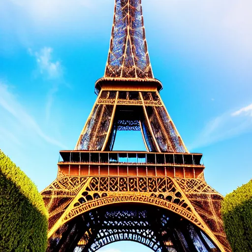 Image similar to eiffel tower constructed out of wood, beautiful, stunning, coherent, landscape photo, realistic