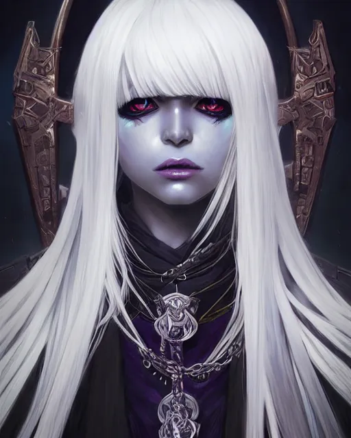 Image similar to portrait of an anime female drow necromancer, hd, illustration, epic, d & d, fantasy, intricate, elegant, highly detailed, digital painting, artstation, concept art, smooth, sharp focus, illustration, art by artgerm and greg rutkowski and alphonse mucha, monster hunter illustrations art book