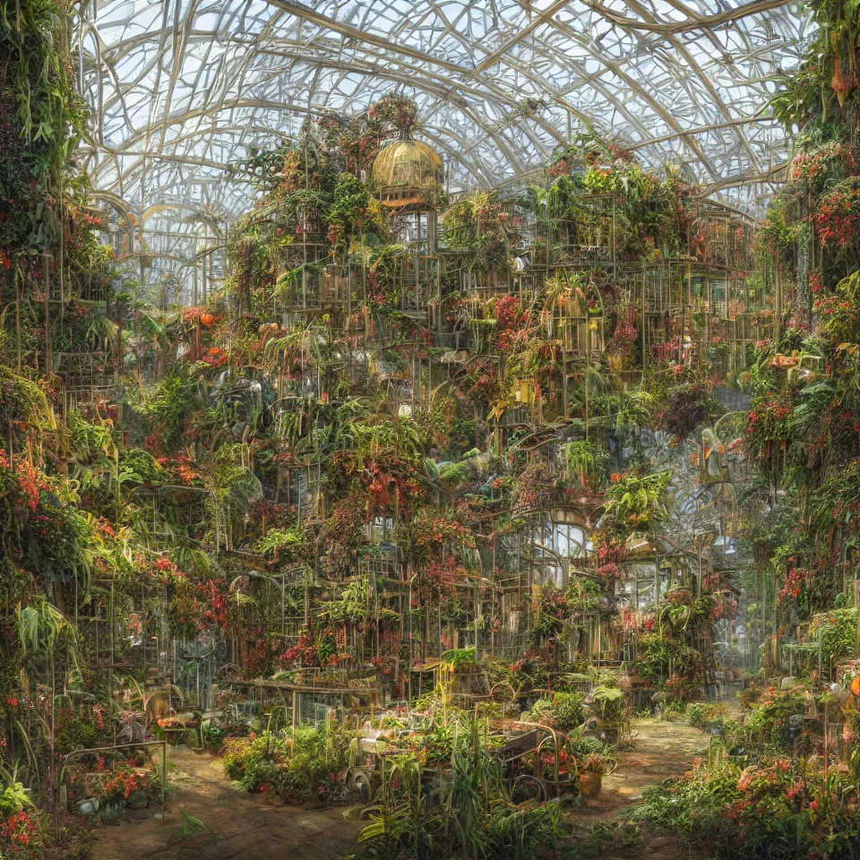 Prompt: a beautiful hyperrealistic detailed vivid colored render of the inside interior of an ornate art deco greenhouse laboratory with overgrown mechanical plants, bioexotic, by john howe, lee madgwick, hubert robert, thomas kinkade, epic scale ultrawide angle, deviantart, 4 k wallpaper, warm cinematic volumetric lighting, deep colors, photorealism