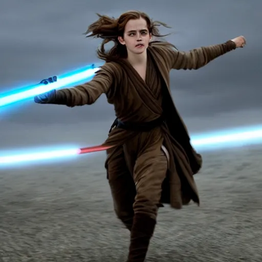 Image similar to emma watson as a jedi knight in battle, high high high quality